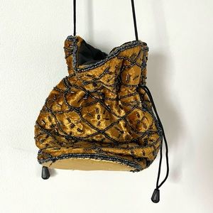 vintage gold suede & black beaded drawstring cross body bag